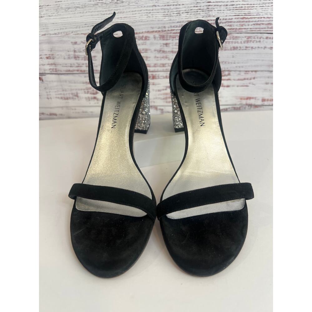 Stuart Weitzman Simplemid black suede silver glitter block heel size 9 - Picture 2 of 11